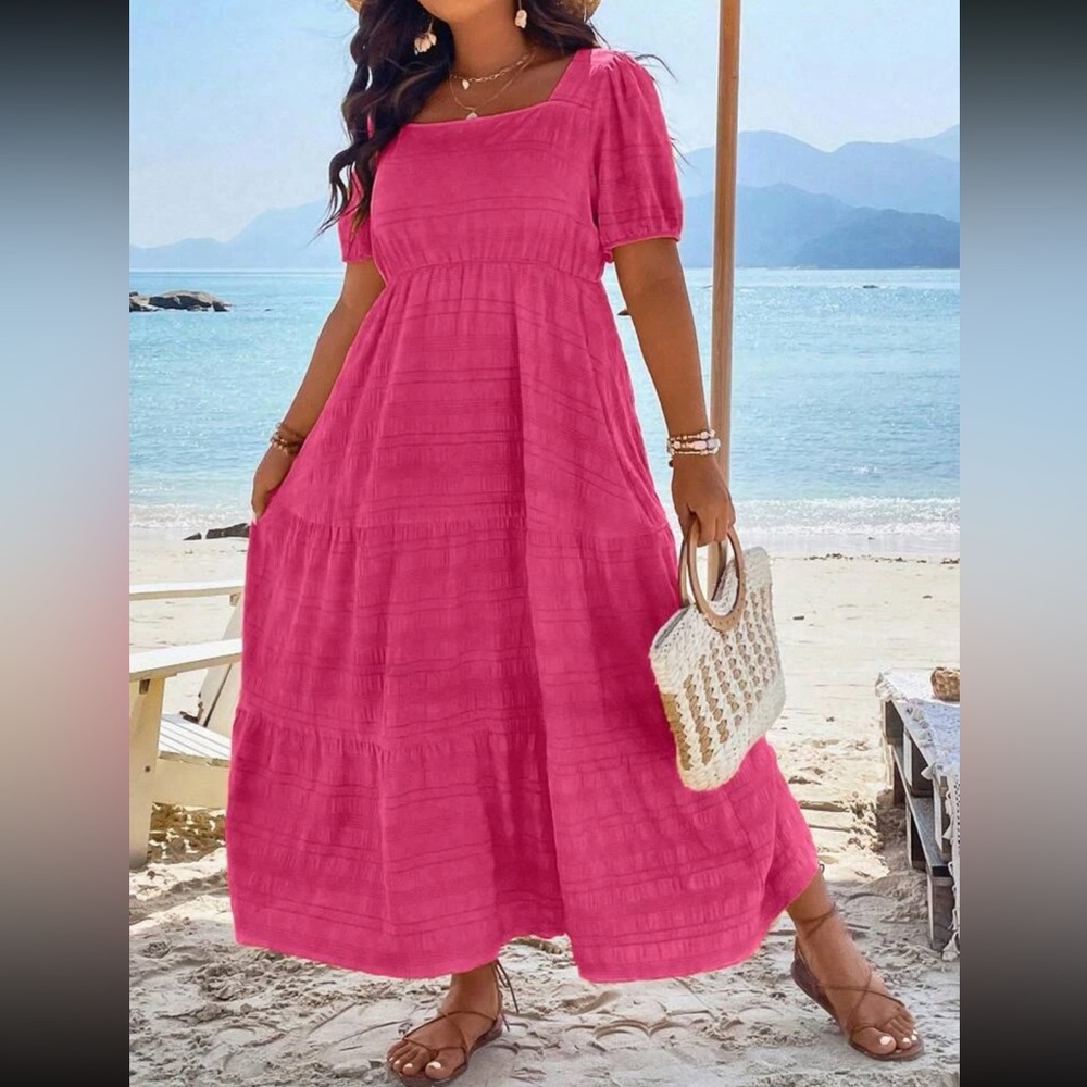 Boho plus size comfy square neck puff sleeve ruffle hem maxi dress - Picture 6 of 16